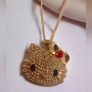 Hello Kitty Rhinestone Necklace and Post Earrings in Goldtone